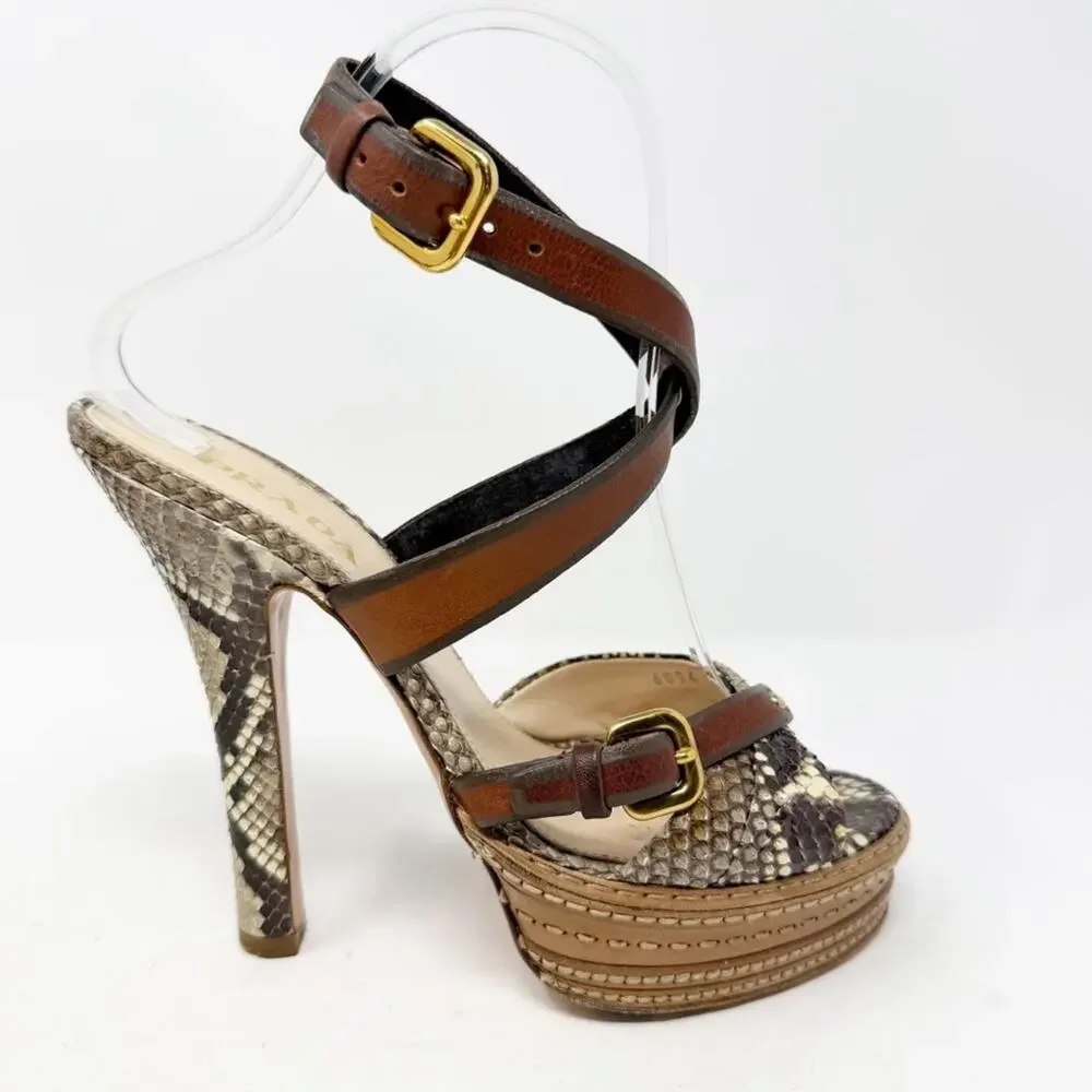 Prada Snakeskin Platform Strappy High Heels Womens Size EU 37.5